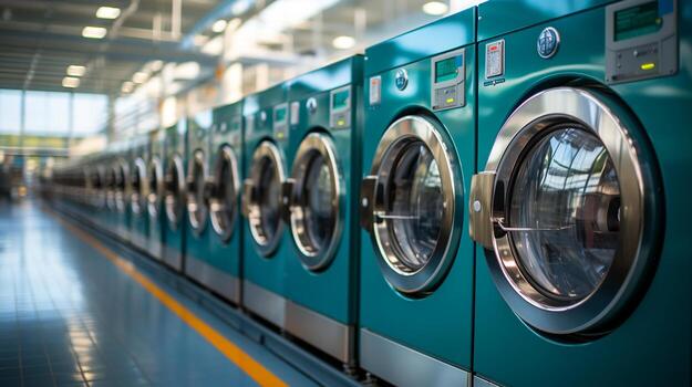 row-of-modern-and-clean-washing-machines-in-laundromat-generative-ai-photo